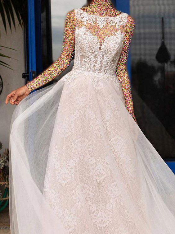لباس عروس آستین حلقه‌ای یقه‌بسته گیپور