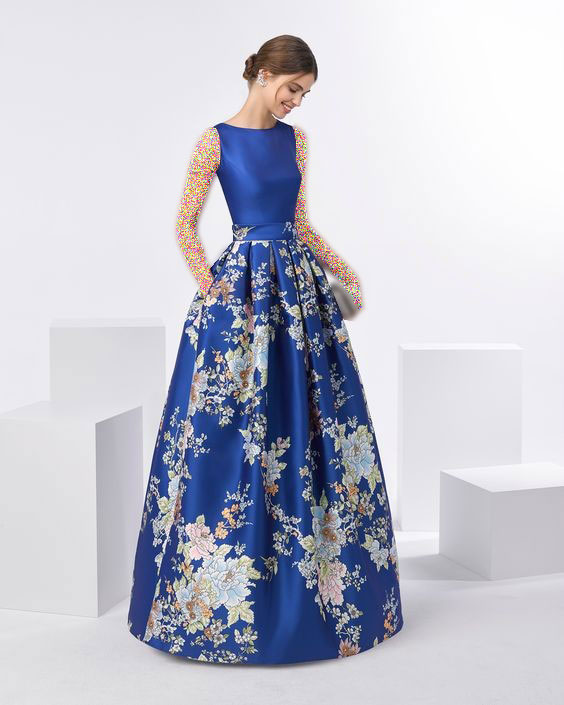 مدل لباس ساتن گلدار آبی کاربنی بلند