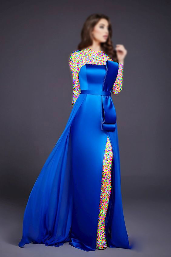مدل لباس مجلسی ساتن آبی کاربنی بلند