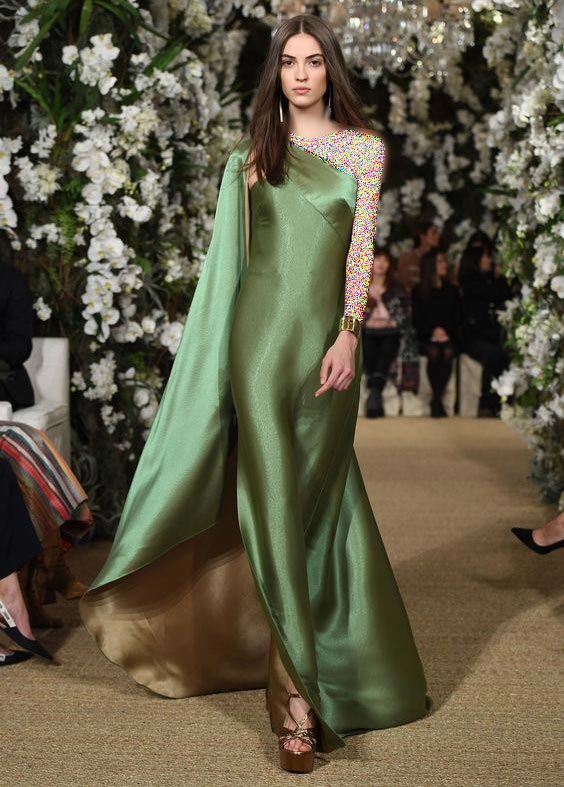 مدل لباس مجلسی ساتن سبز زیتونی مدل رومی