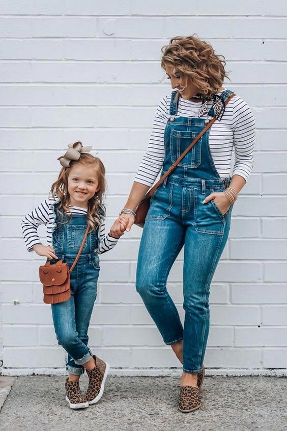 مدل لباس کژوال ست مادر و دختر، لباس پیشبند دار جین