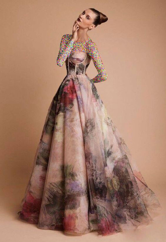 مدل لباس مجلسی دکلته گلدار پفی