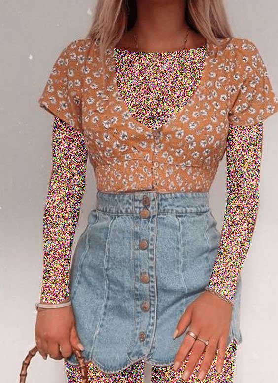 مدل دامن لی کلوش کوتاه با کراپ تاپ گلدار