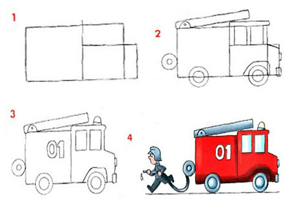 آموزش نقاشی ماشین آتش نشانی با مداد رنگی برای کودکان
