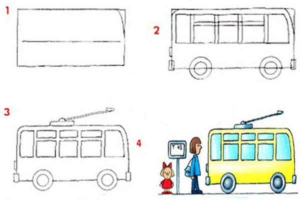 آموزش نقاشی اتوبوس با مداد رنگی 