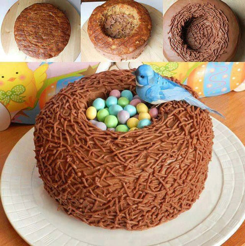 تزیین کیک شکلاتی به شکل لانه پرنده