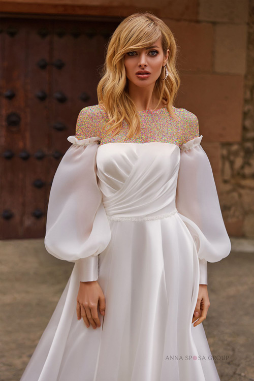 مدل لباس عروس ساتن آستین پفی