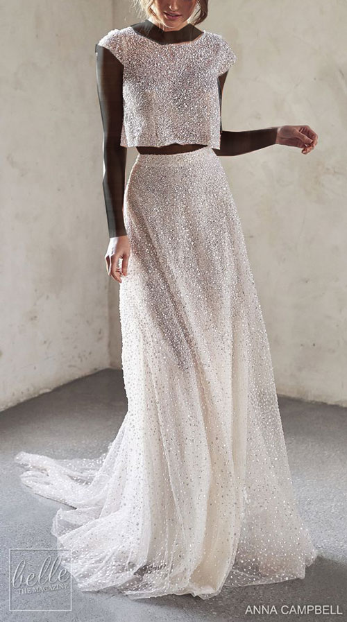 مدل لباس مجلسی پولکی دو تیکه سفید برای عروس