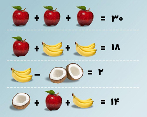 معمای ریاضی میوه ها (سیب، موز  و نارگیل)