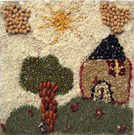 نقاشی خانه و منظره با غلات و دانه ها